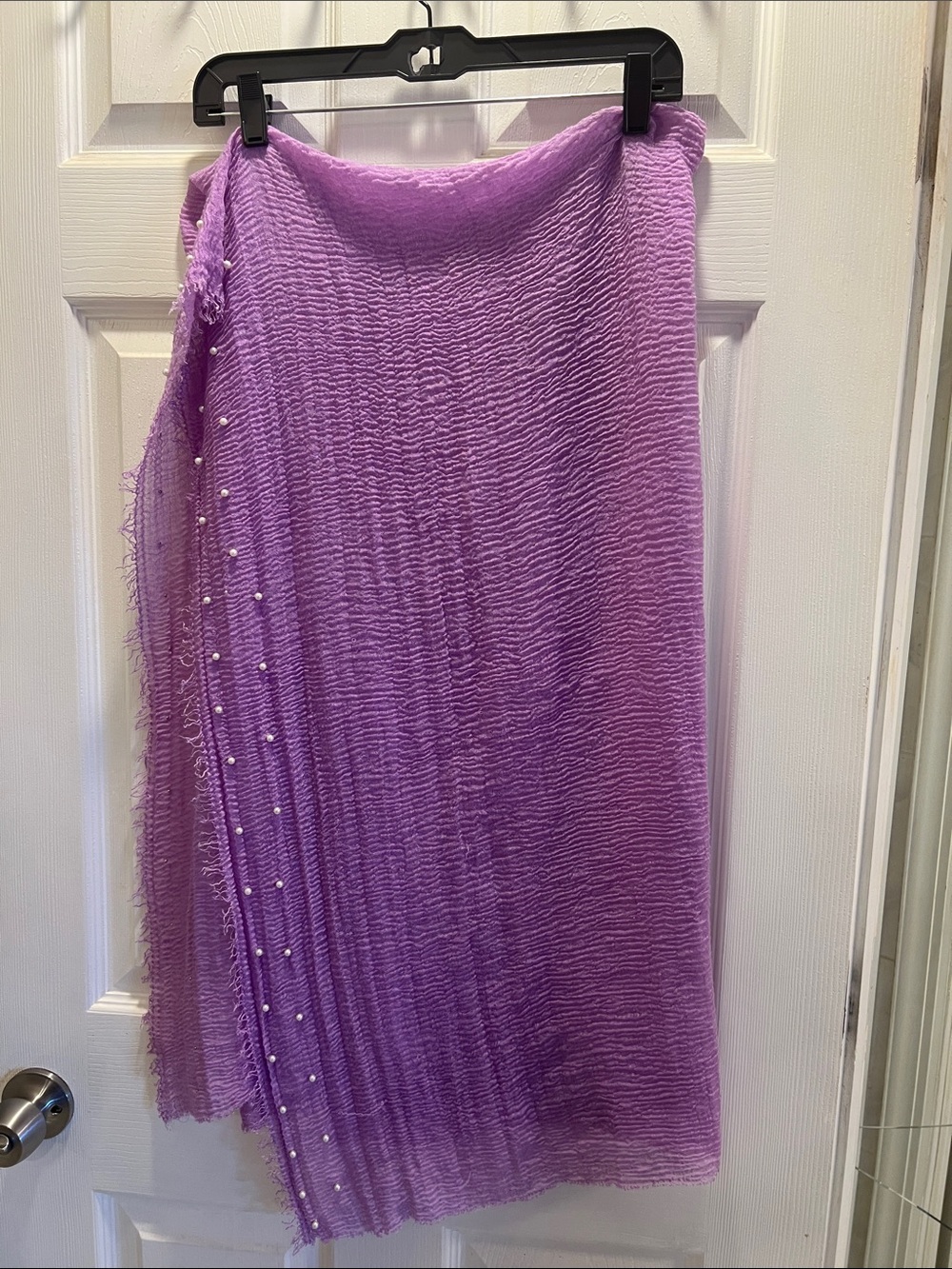 Lightweight Lavender Scarf Wrap with Fringed Edge and White Pearls